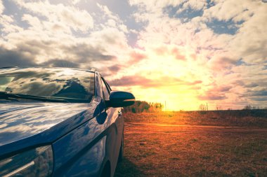 Sahaya park etmiş mavi bir araba.