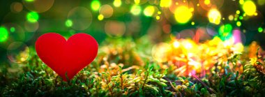 Sevgililer Günü arkaplanında kırmızı bir kalp ve çok renkli bir bokeh var. Aşk konsepti. Neşeli arkaplan.