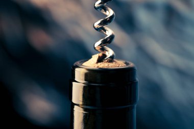 Tirbuşon bir şişe şarap açar, yakın plan, aksesuar.