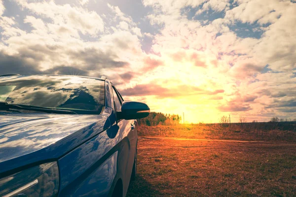 Sahaya park etmiş mavi bir araba.