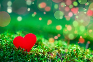 Sevgililer Günü arkaplanında kırmızı bir kalp ve çok renkli bir bokeh var. Aşk konsepti. Neşeli arkaplan.