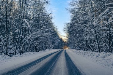 beautiful winter background with a snow-covered forest road