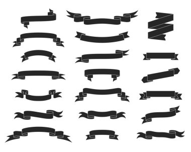 Vintage Retro Vector bayrakları ve kurdeleleri. Beyaz arkaplanda izole edilmiş Siyah Çizimler şablonları