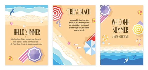 带有沙滩和海浪的热带海滩卡 有海星 翻筋斗和海滩雨伞的夏季传单 — 图库矢量图片