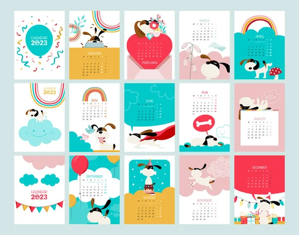 Dog Calendar 2023 Cute Decorative Calendar Format Collection Dogs Minimalistic — Vetor de Stock