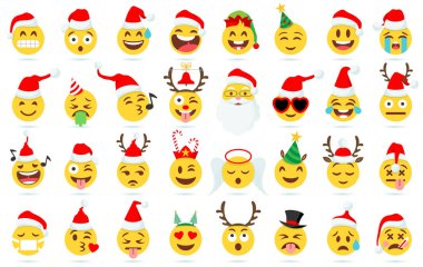 Noel emojisi. Noel Baba simgesi, Noel Baba şapkası, kardan adam ve geyik boynuzu bantlı komik sarı yüzler. Hediye kutusu, Noel ağacı ve şeker vektörü simgeleri ayarlandı