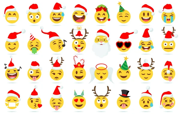 Julemoji Santa Claus Emoticon Xmas Hatt Snögubbe Och Roliga Gula — Stock vektor