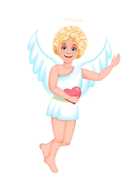 Cheerful Cute Cupid Wings White Clothes Holding Heart His Hand — Vetor de Stock