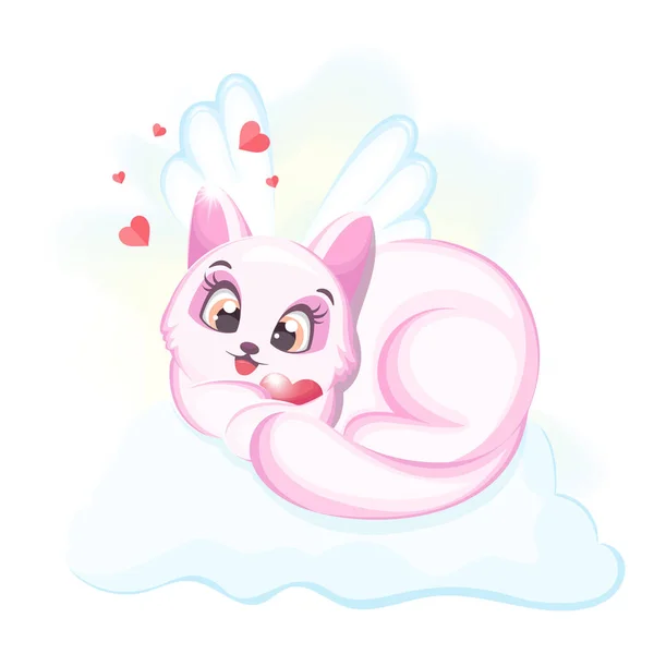 Cute Cupid Kitten Wings Heart Lies Cloud — Vetor de Stock