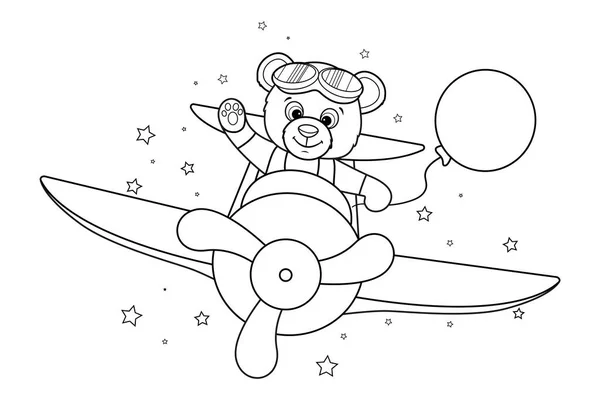 Раскрашивание Страницы Счастливый Плюшевый Мишка Летит Самолете — стоковый вектор