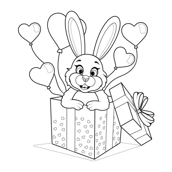 Coloring page. Romantic pink rabbit in a gift box with balloons