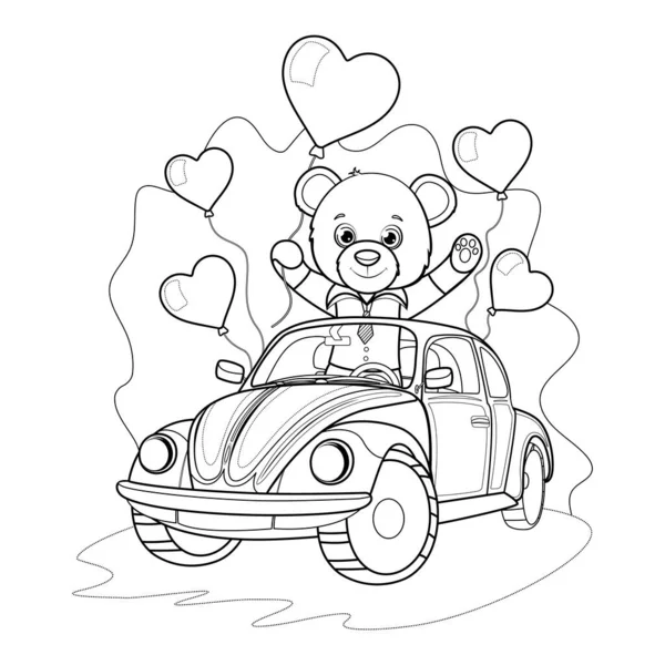 Coloriage Ours Peluche Mignon Joyeux Dans Une Voiture Avec Des — Image vectorielle