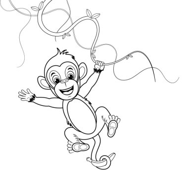 Boyama sayfası. Neşeli maymun sarmaşıkta sallanıyor ve elinde muz tutuyor.