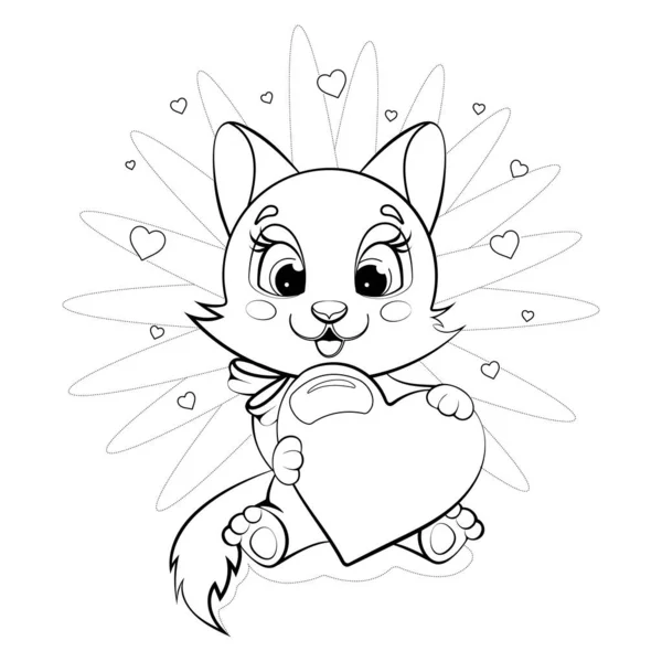 Boyama sayfası. Çizgi film sevimli ve neşeli kedicik oturur ve bir kalp tutar.