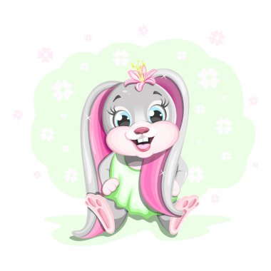 Şirin ve gülümseyen bir tavşan açık yeşil bir arka planda oturur.