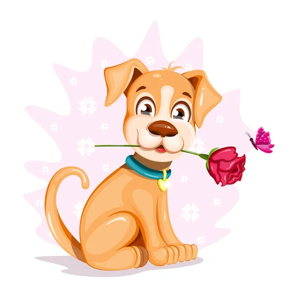 Cãozinho Feliz Com Borboleta Senta Segura Uma Rosa — Vetor de Stock