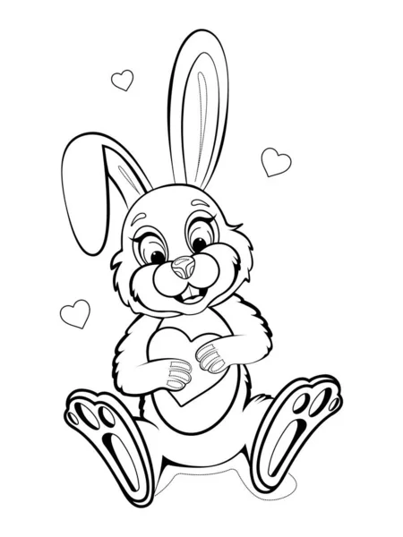 Boyama Sayfası Romantik Sevimli Tavşan Gülümsüyor Kalp Taşıyor — Stok Vektör