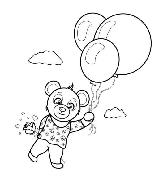 Coloriage Mignon Ours Tenant Une Rose Volant Avec Des Ballons — Image vectorielle