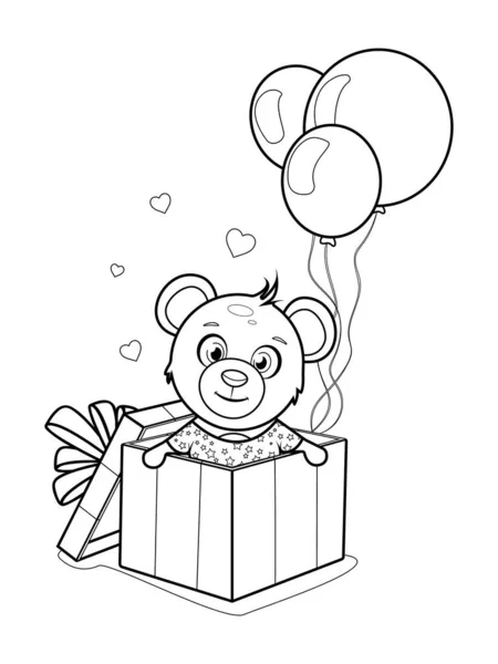 Página Para Colorir Urso Alegre Uma Caixa Presente Com Balões — Vetor de Stock