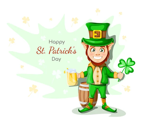 Postcard Happy Patrick Day Cheerful Happy Leprechaun Mug Beer Clover — Stock Vector