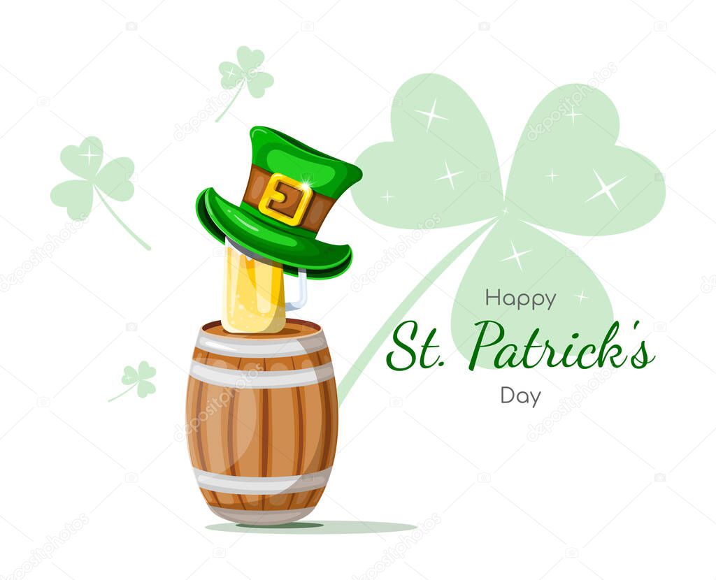 Postcard Happy St. Patrick's Day. Beer barrel with beer mug and leprechaun hat