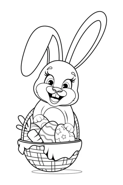 Coloring Page Cute Cheerful Bunny Easter Basket — Stock Vector