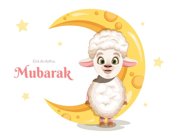 Postcard Eid Adha Mubarak Χαρούμενα Καρτούν Πρόβατα Και Φεγγάρι — Διανυσματικό Αρχείο