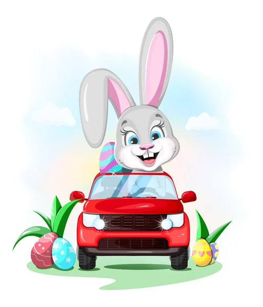 Słodki Zabawny Króliczek Jajkami Wielkanocnymi Prowadzi Samochód — Wektor stockowy