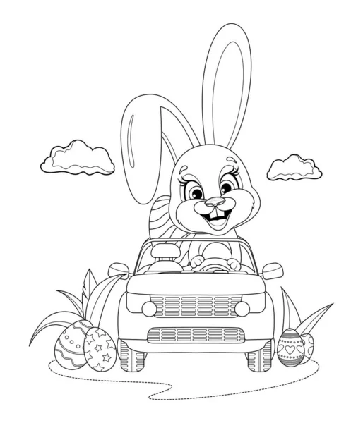 Boyama sayfası. Paskalya yumurtalı sevimli ve komik bir tavşan araba kullanıyor.