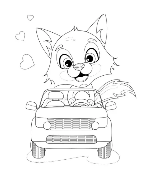 Χρωματισμός Σελίδας Χαρούμενη Και Χαριτωμένη Μικρή Αλεπού Βόλτες Ένα Αυτοκίνητο — Διανυσματικό Αρχείο