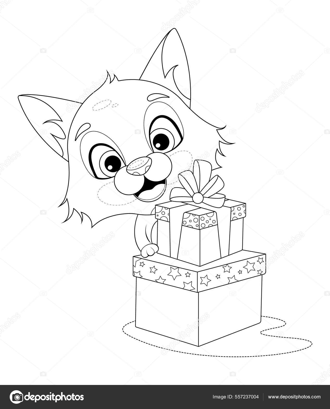 Coloring Page Cheerful Cartoon Little Fox Gift Boxes Stock Vector Image