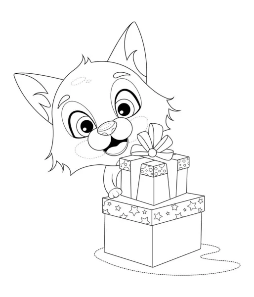 Χρωματισμός Σελίδας Χαρούμενη Μικρή Αλεπού Κινουμένων Σχεδίων Κοντά Κουτιά Δώρων — Διανυσματικό Αρχείο