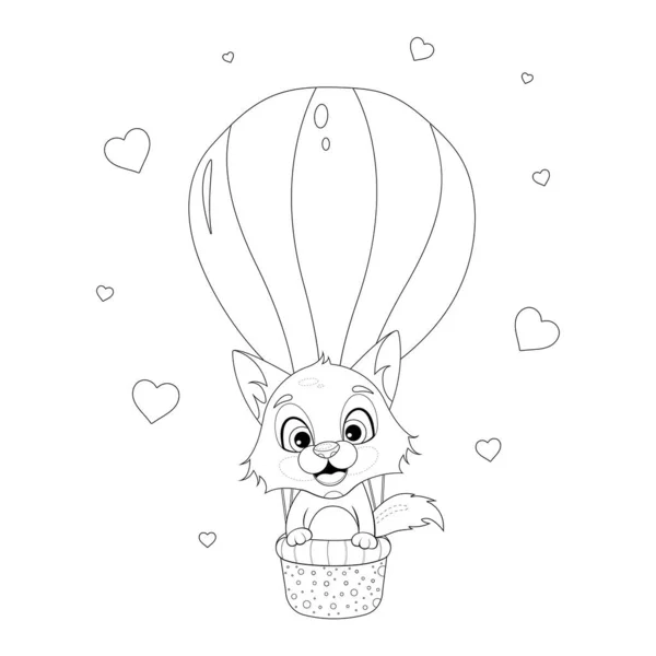 Boyama sayfası. Tatlı tilki çizgi film karakteri sıcak hava balonuyla uçuyor.