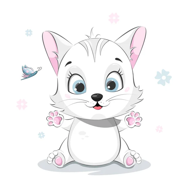 Chaton Dessin Animé Mignon Drôle Avec Papillon — Image vectorielle