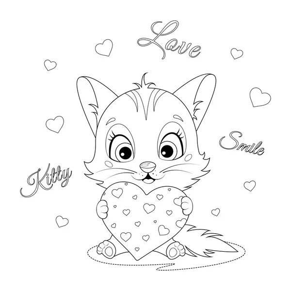 Coloriage Sourire Chaton Avec Coeur — Image vectorielle