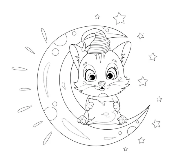 Omalovánky Kreslené Koťátko Sedící Měsíci Čas Jít Spát — Stockový vektor