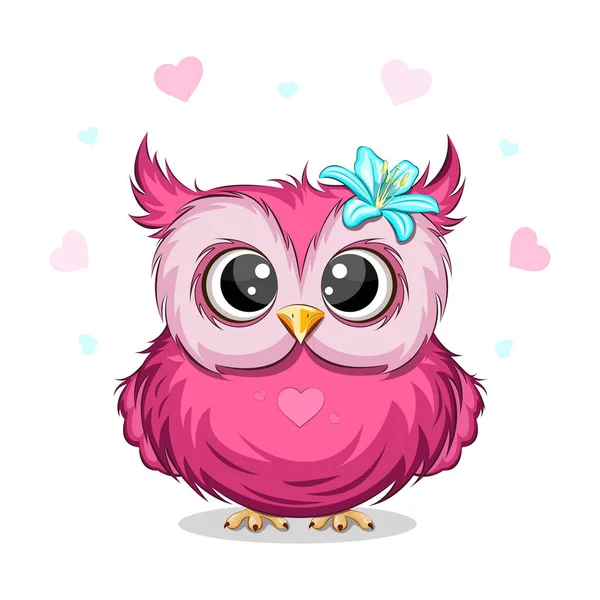 Sevimli karikatür baykuşu çiçek ve kalplerle