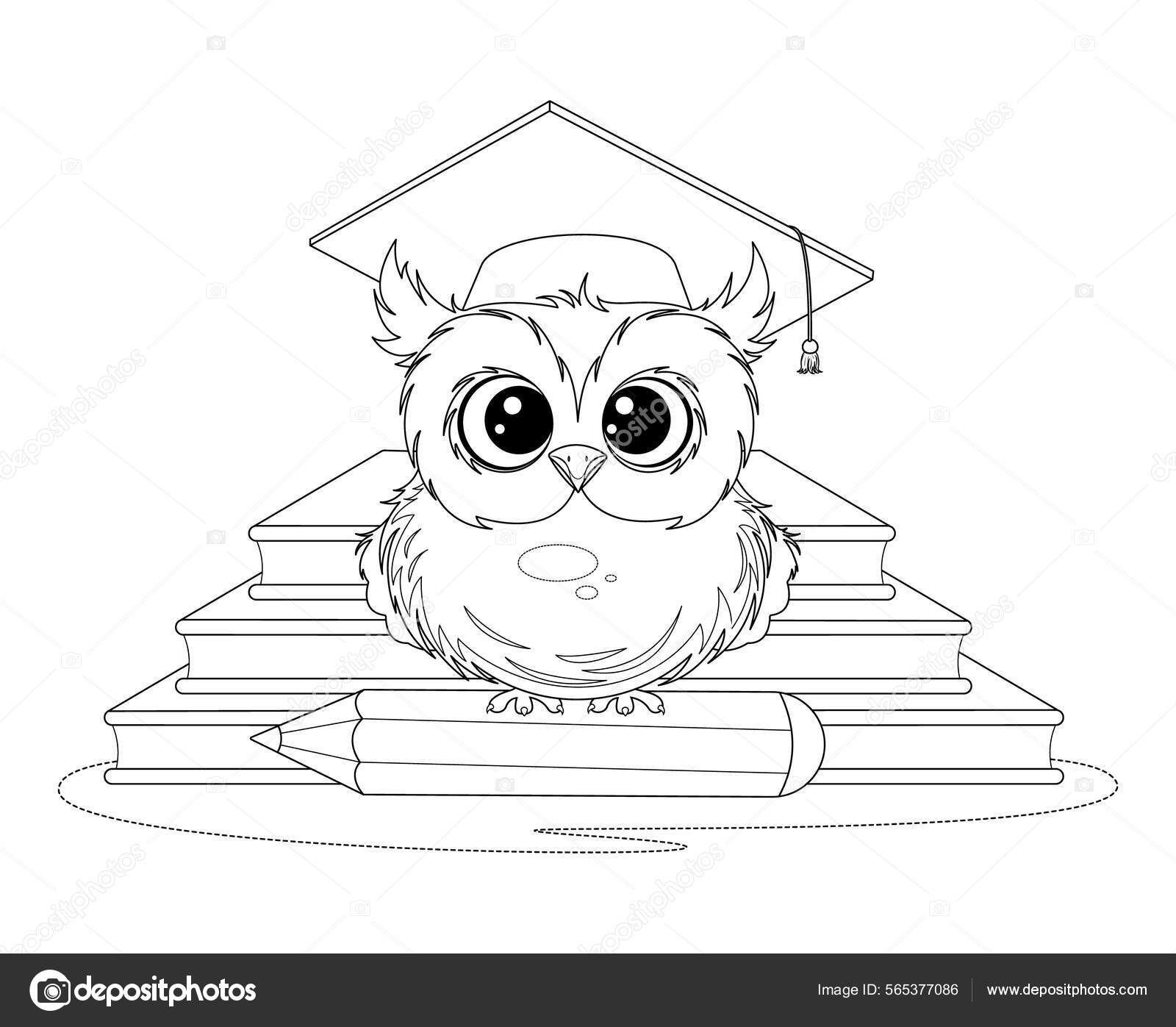 Coloring Page Smart Cartoon Owl Pencil Books Векторное Изображение.