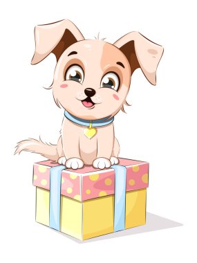 Şirin ve neşeli bir köpek yavrusu hediye kutusuna oturur.