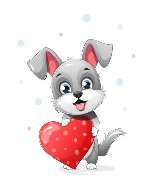 Kırmızı bir kalp taşıyan sevimli ve gri bir köpek yavrusu