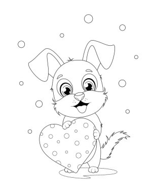 Boyama sayfası. Kalbi tutan sevimli bir köpek yavrusu.
