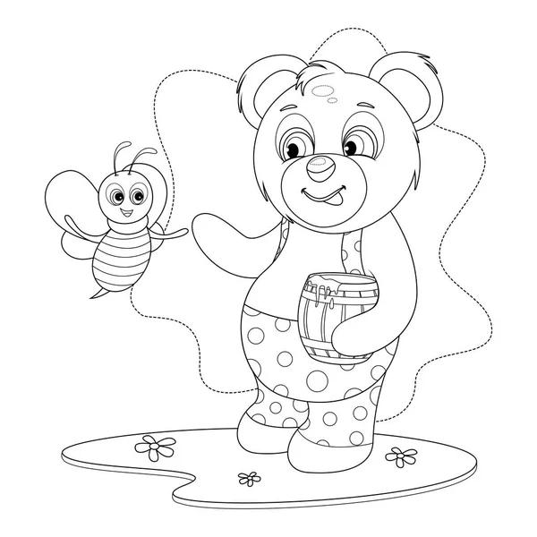 Coloring Page Cute Teddy Bear Honey Cheerful Bee — Image vectorielle