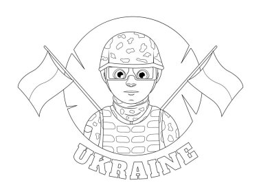 Coloring page. Military guy with the Ukrainian flag and the inscription 