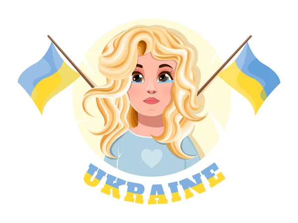 Crying Girl Ukrainian Flags Inscription Ukraine — Stockvector