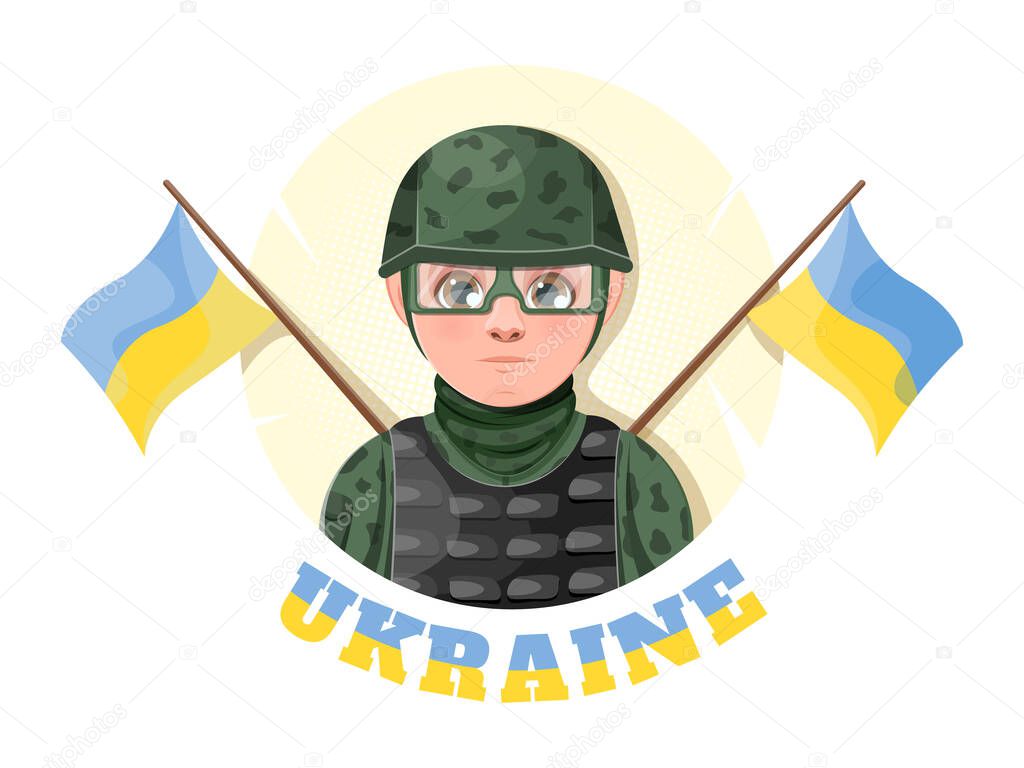 Military guy with the Ukrainian flag and the inscription 
