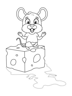 Boyama sayfası. Peynirli neşeli ve şirin bir fare