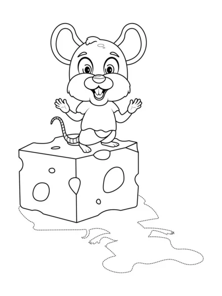 Malvorlage Fröhliche Und Süße Kleine Maus Mit Käse — Stockvektor