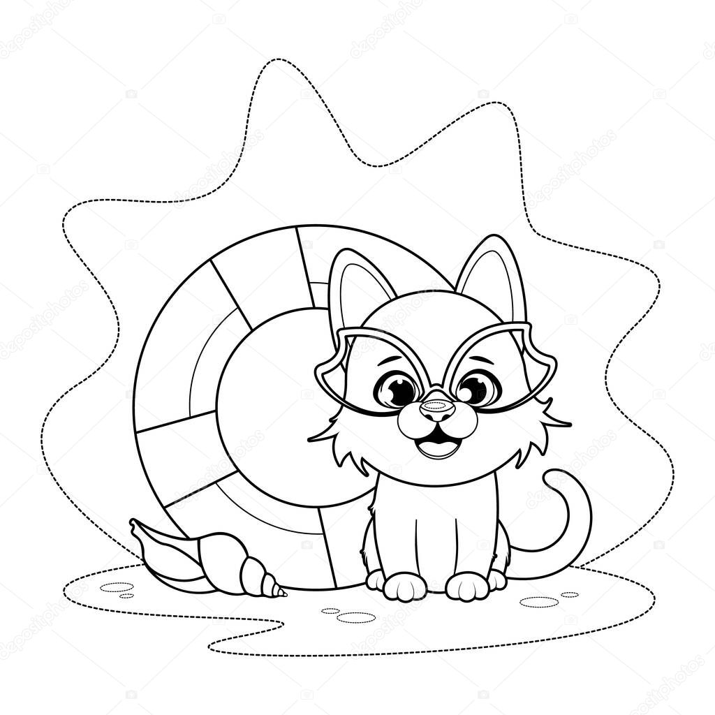 Coloring page. Cute puppy in goggles with a lifebuoy and a seashell
