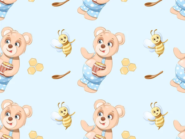 Seamless pattern. Teddy bear with honey and a cheerful bee