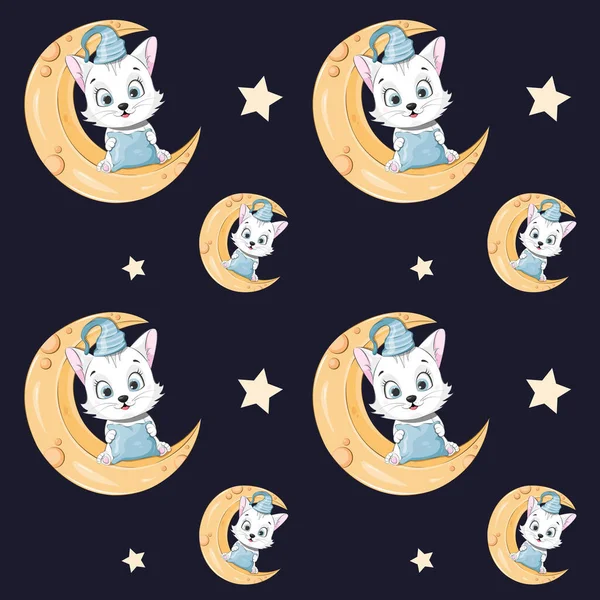 Seamless pattern. Cartoon kitten sitting on the moon. Time to sleep